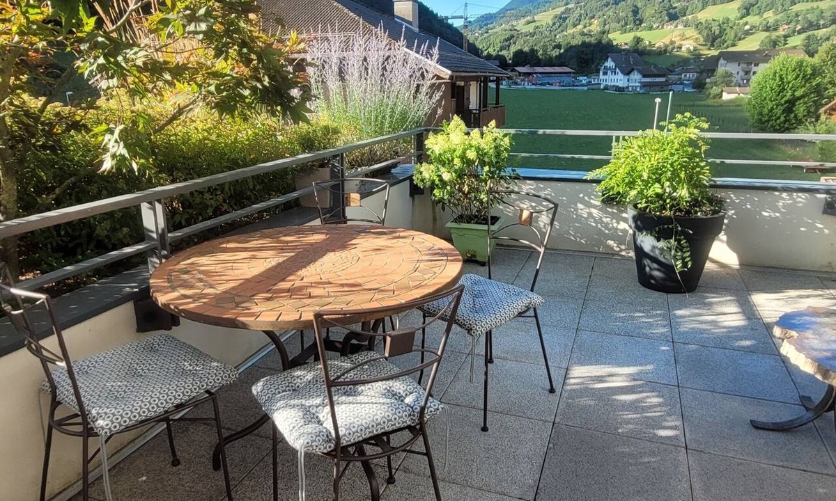 Thones Apartment | 80-square-meter panoramic terrace overlooking La Tournette; Thônes town center is a 5-minute walk away