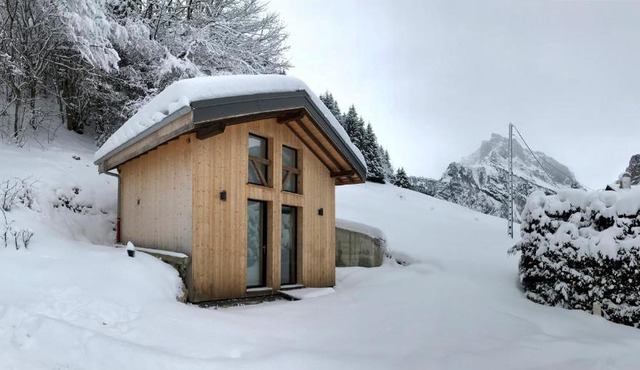 Chalet* au pied d'une prairie face à la montagne